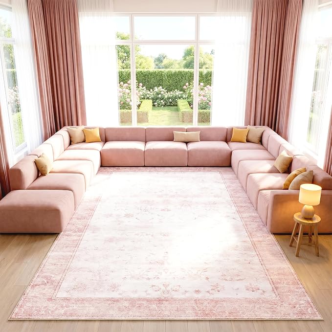Extra Large Washable Area Rug, 0.3" Low Pile Non-Slip Rug, Cotton-Backed Silicone Grip, Water Resistant Faux Wool Carpet, for Nursery Bedroom Living Room, 9'x12', Blush Pink/White