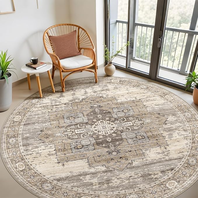 RUUGME Washable 7round Rug - Large Rugs for Living Room Low Pile Soft Rugs for Bedroom Kitchen Dining Room Oriental Carpets with Non Slip Backing Home Decor Floor Mat 7round Beige