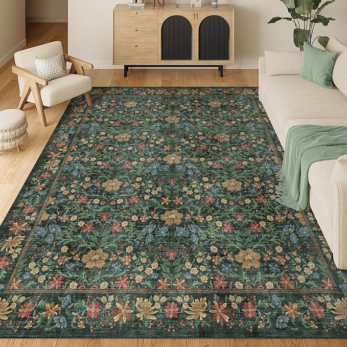 DUKINO 8x10 Area Rugs, Vintage Floral Washable Rug for Living Room, Green | Non Slip, Low Pile, Non-Shedding, Stain Resistant, Aesthetic Soft Indoor Large Carpet for Bedroom, Dining Room, Farmhouse