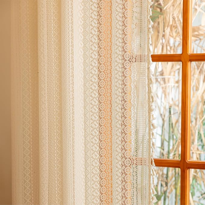 Sutuo Home Boho Curtains 2 Panels for Kitchen Kid's Room, Lace Curtains Semi Sheer Crochet Vintage Country Tassels Bohemian Drape Privacy Window Treatments Rustic Geometry Rod Pocket, 50" x 63" Beige