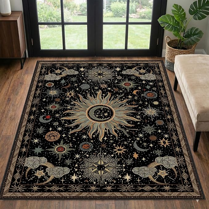 Vacuum-Friendly, 3x5 Washable Area Rug, Black Green Beige | Sun and Moon Boho Gothic Non-Slip Low Pile Living Roon Bedroom Dining Room Kitchen Entry Entryway Entrance Hallway Doormat