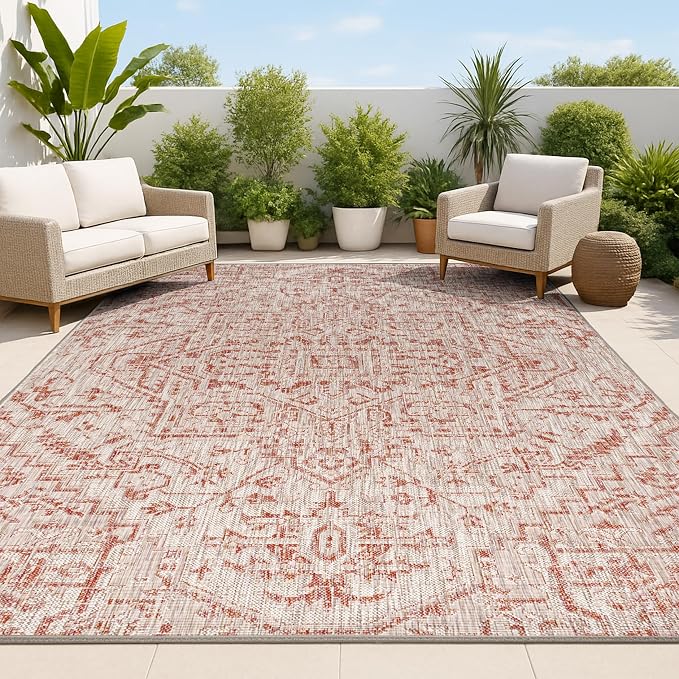 JONATHAN Y Boho Medallion Indoor Outdoor Area Rug 3X5 Red/Taupe, Estrella Textured Weave for Backyard, Patio, Porch, Easy-Cleaning, High Traffic, Pet-Friendly, Non-Shedding (SMB105A-3)