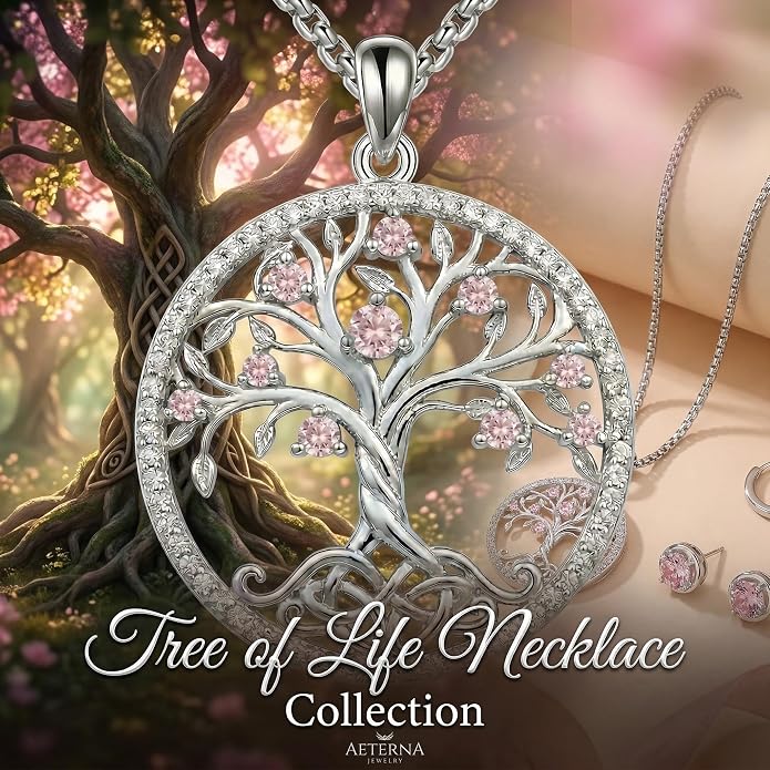 ONEFINITY Tree of Life Necklace 18k White Gold Plated Tree of Life Birthstone Pendant Necklace Birthstone Jewelry Anniversary Birthday Gifts for Women Men