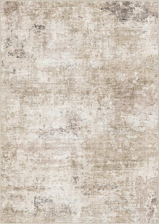 Abstract 8x10 Area Rug: Machine Washable Non Slip Ultra Thin Low-Pile Carpet, Soft Stain Resistant for Living Dining Room Bedroom, Kid Pet Friendly, Robot Vacuum Compatible - Brown