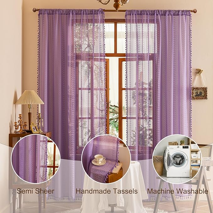 Sutuo Home Lavendar Boho Lace Curtains 72 inch Lengh for Nursery Bedroom, Purple Sheer Curtains Privacy Crochet Vintage Chic Tassels Bohemian Window Treatments Geometry Rod Pocket, 2 Panels 50" W