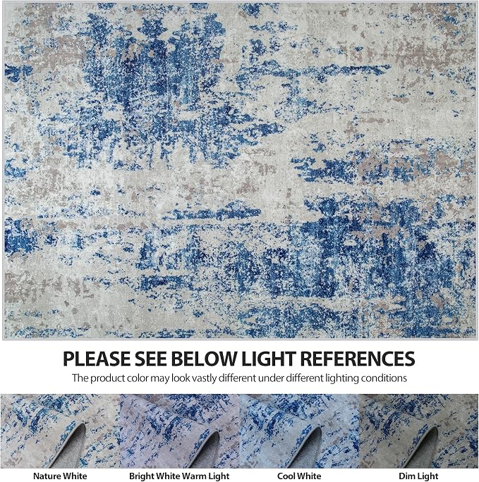 8x10 Area Rugs for Living Room Rug Washable: Abstract Large Rug for Dining Room Bedroom Carpet Non Slip 8 by 10 Indoor Modern Nursery Home Office Blue Grey White