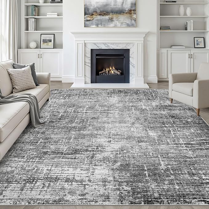 7x9 Area Rug Living Room: Washable Large Neutral Black Rug Abstract Soft Modern Stain Resistant Indoor Floor Non-Slip Carpet for Bedroom Nursery Kids Office Playroom Dining Room Under Table Home