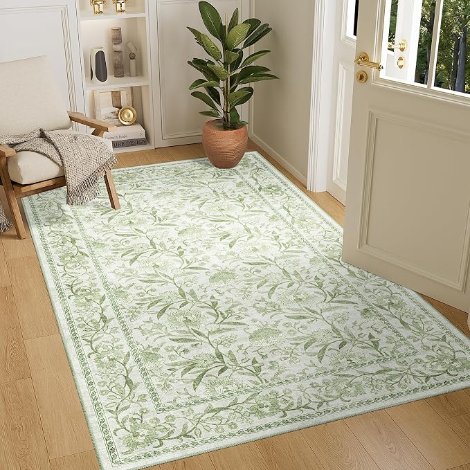 DUKINO 4x6 Area Rug, Washable Vintage Floral Rug for Living Room Sage Green | Non Slip, Low Pile, Stain Resistant Boho Lightweight Soft Indoor Carpet for Bedroom Office Dining Room Entryway Farmhouse