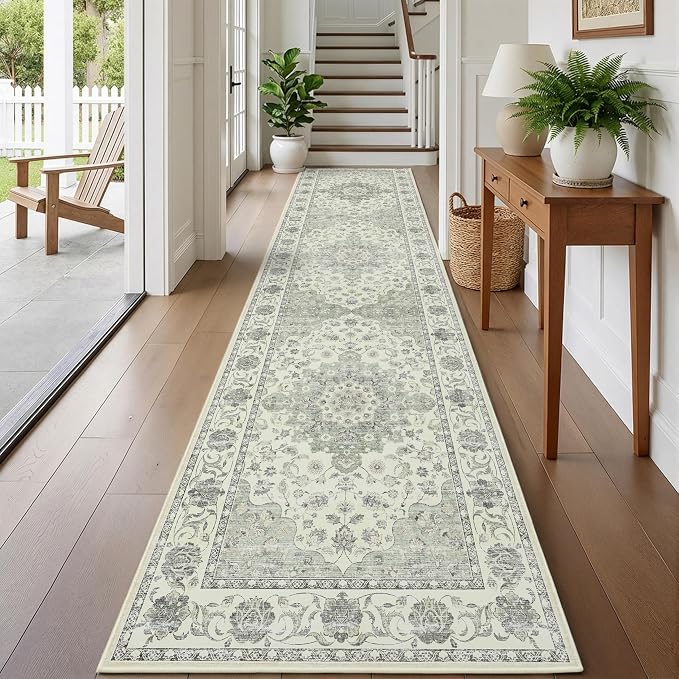 Washable Hallway Runner Rug - 3x12 Floor Carpet Rug Distressed Low Pile Mats Non Slip Soft Rugs for Dining Room with Rubber Backing Bedroom Runner with Vintage Design (Green 3x12)