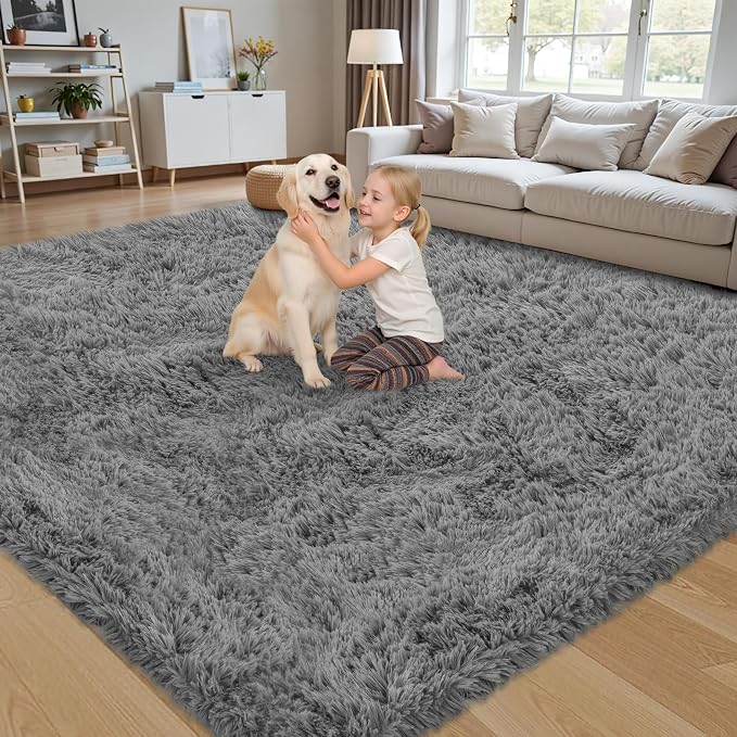 5x8 Area Rug for Living Room:Ultra Soft Fluffy Shag Light Grey Rugs,Large Fuzzy Plush Indoor Non Slip Carpet Washable Rug for Bedroom Kids Nursery Office Dorm Modern Decor(Light Grey 5'x8')