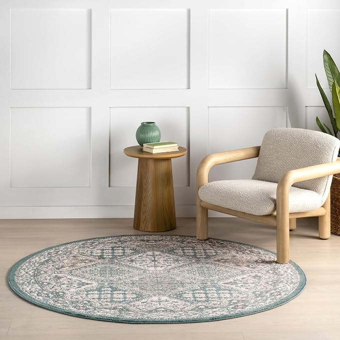 Nuloom Becca Blue/Ivory, 6' Round, Traditional Tiled, Soft and Cozy, High Traffic, Stain Resistant, Easy Clean, Durable Area Rug for Bedroom, Living Room, Dining Space, Den, Foyer, Entryway