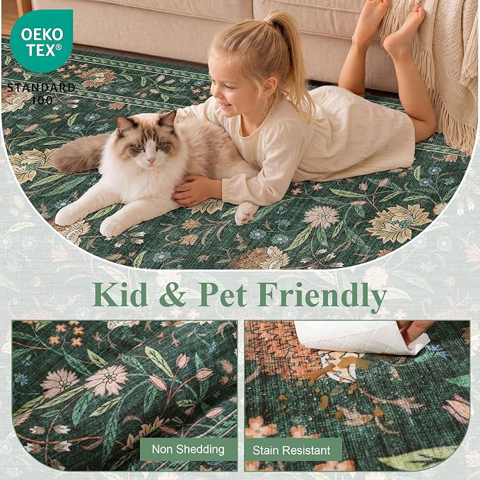 DUKINO 9x12 Area Rug for Living Room, Vintage Floral Washable Rug, Green | Non Slip, Low Pile, Non-Shedding, Stain Resistant, Aesthetic Soft Indoor Large Carpet for Bedroom Dining Room Farmhouse