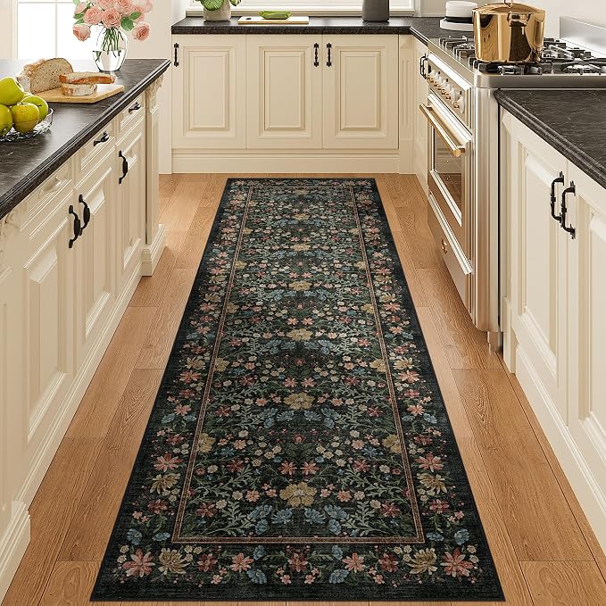 DUKINO 2x6 Runner Rug, Washable Vintage Floral Kitchen Rug, Black | Non Slip, Low Pile, Stain Resistant Boho Soft Throw Carpet Runner for Hallway Bathroom Laundry Bedroom Entryway, Non-Shedding