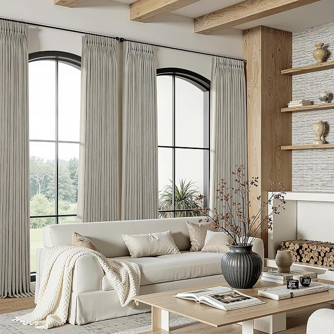 Taupe Linen Curtains 100 Inch Length 2 Panels Set Semi Sheer Light Filtering Privacy Window Drapes for Living Room Dark Flax Viral Pinch Pleated Curtains 100 Inches with Hooks Rings Burlywood Birch