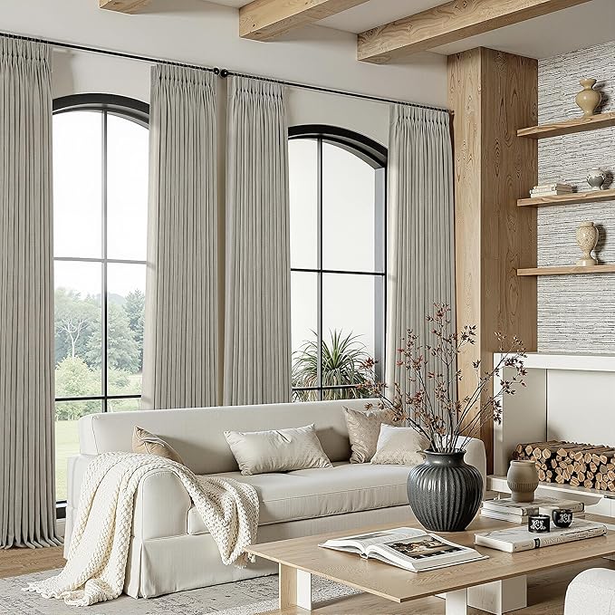 Burlywood Birch Pinch Pleated Curtains 96 Inches Long for Living Dining Room 2 Panels Light Filtering Linen Pinch Pleat Curtains 96 Inch Length Neutral Rustic Farmhouse Modern Window Curtain Drapes