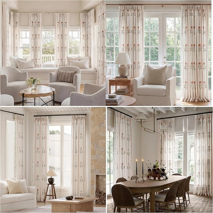 Pinch Pleated Nursery Curtains Luxury Pink Sheer Floral Curtains for Girls Room Bedroom Living Room - 90 Inch Length Modern Farmhouse Floral Printed Drapes with Hooks - 2 Panels Set