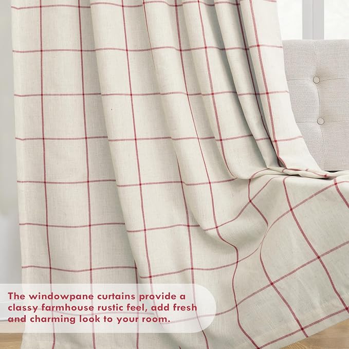 DriftAway 100% Blackout Plaid Linen Curtains 96 Inches Long 2 Panels Red | 100% Blackout, Linen Texture, Plaid Pattern, Two Layers, Rod Pocket & Back Tab, Bedroom Living Room Use, Luxury Appearance