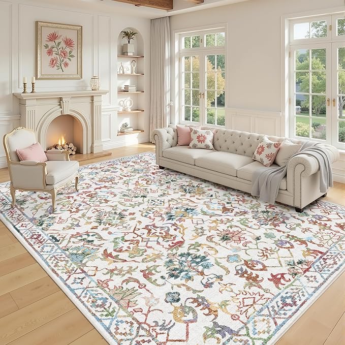 Deerly Area Rugs 9x12 for Living Room Soft Non-Slip, Large Bedroom Rug Vintage Floral Dining Room Rug Tribal Farmhouse Carpet for Bedroom Dining Room Office Colorful
