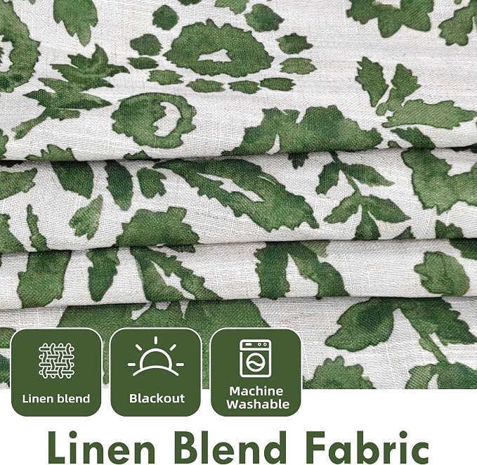 DriftAway Julia 100% Blackout Curtains Grommet 2 Panels, W52xL84, Green | Floral Curtains, Bedroom, Living Room, Linen Blend, Watercolor Pattern, 2 Layers, Thermal Insulated, Window Treatment