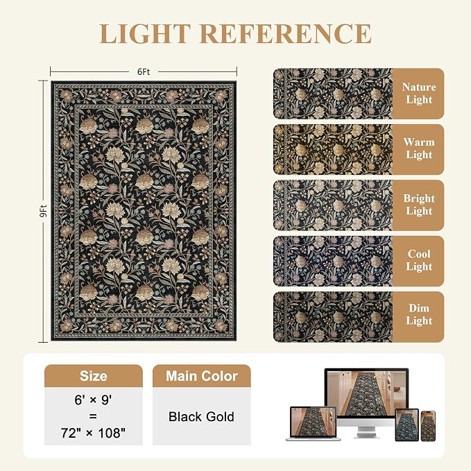 DUKINO 6x9 Area Rug, Vintage Floral Washable Rugs for Living Room, Black | Non Slip, Low Pile, Non-Shedding, Stain Resistant Soft Large Carpet for Bedroom Home Office Dining Room Farmhouse, Home Decor