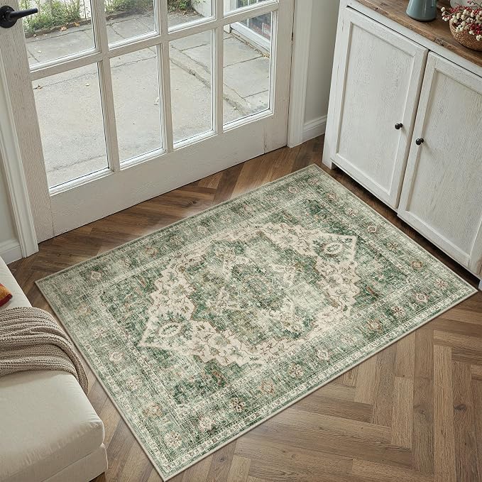HUGEAR 2x3 Small Area Rugs Green Machine Washable Rug Entryway Rug Room Decor Vintage Distressed Indoor Door Mat Low Pile Non Slip Carpet for Kitchen Living Bedroom Soft Lightweight