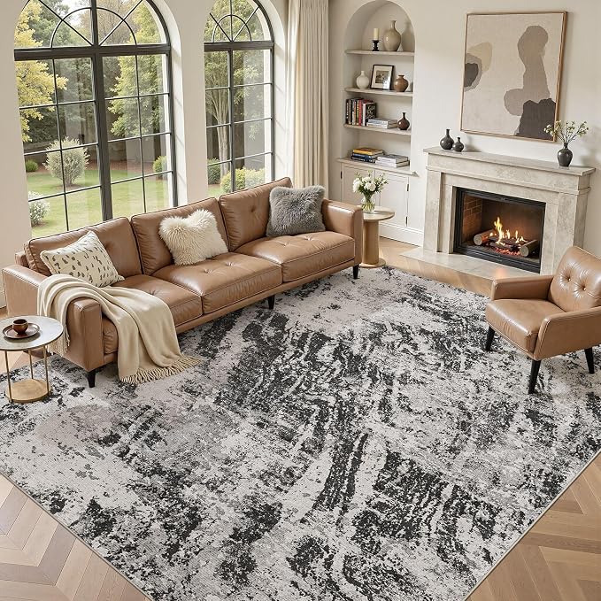 DMOYEST 7x9 Washable Area Rug: Abstract Modern Non-Slip Carpet, Soft Low Pile Indoor Neutral Easy Clean Floor Rugs for Living Room Bedroom Dining Room Kids & Pets - Black
