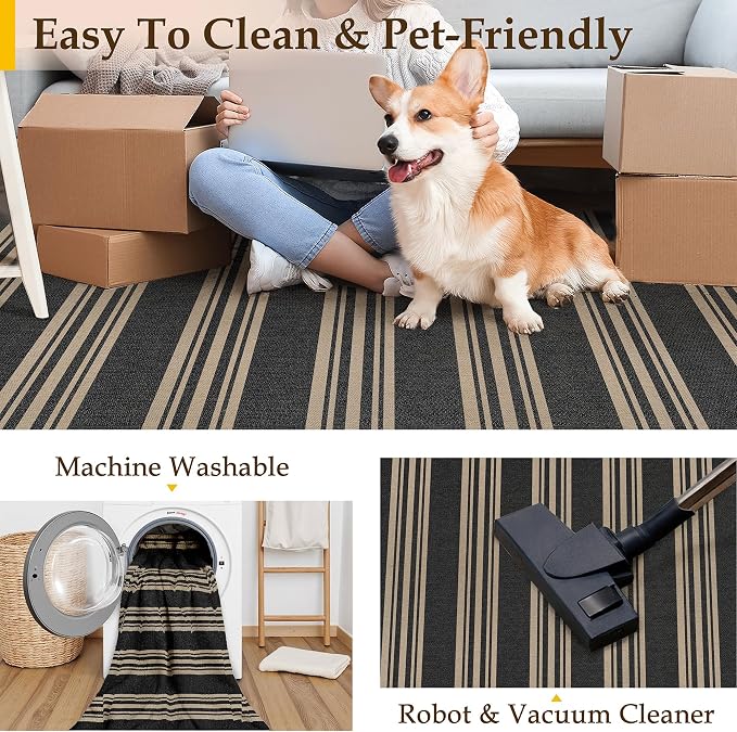 PureCozy Outdoor Rug 6x9 Washable Striped Jute Look Non Slip Carpet | Black and Tan Stripe Farmhouse Style, Indoor Outdoor Area Rug for Patio, Living Room, Dining Room, Non Shedding, Neutral Rugs