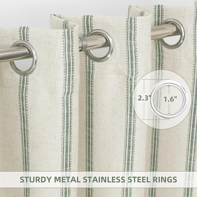DriftAway Farmhouse Stripe Blackout Curtains, Grommet, W52xL90, Loden Green | Blackout, Linen Texture, Stripe Pattern, Rod Pocket & Back Tab, Two Layers, Bedroom Living Room Use, Sound Reducing Design