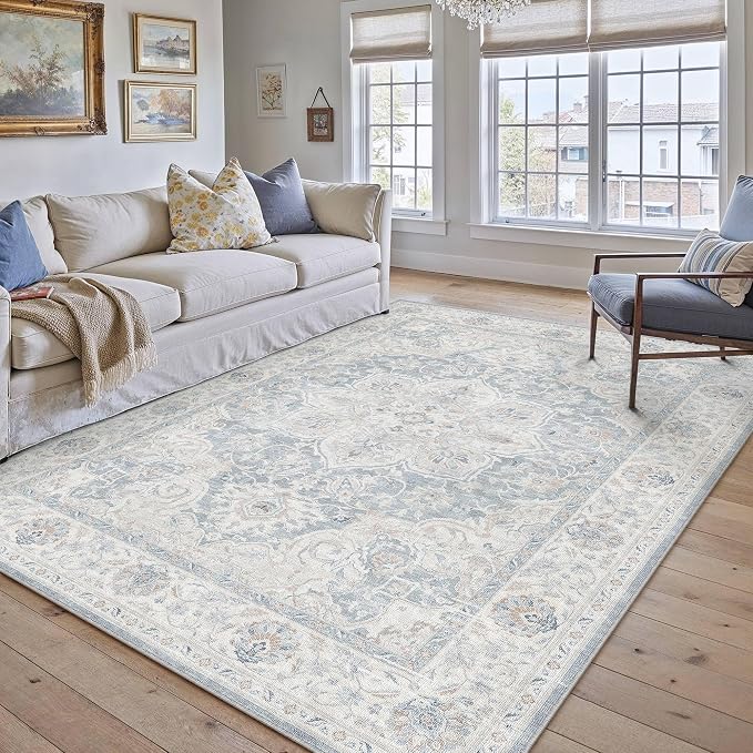 HUGEAR Blue 5x7 Washable Area Rugs Vintage Indoor Carpet | Living Room Rug,Bedroom,Dining Room,Office,Farmhouse,Non-Shedding,Non Slip,Low Pile,Soft