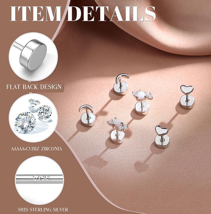 14K Gold Plated Solid 925 Sterling Silver Post Flat Back Earrings Stud | Cartilage Helix Conch Tragus Piercing Jewelry 3 Pairs Tiny Screw Dainty CZ Opal Earring Set Men Women