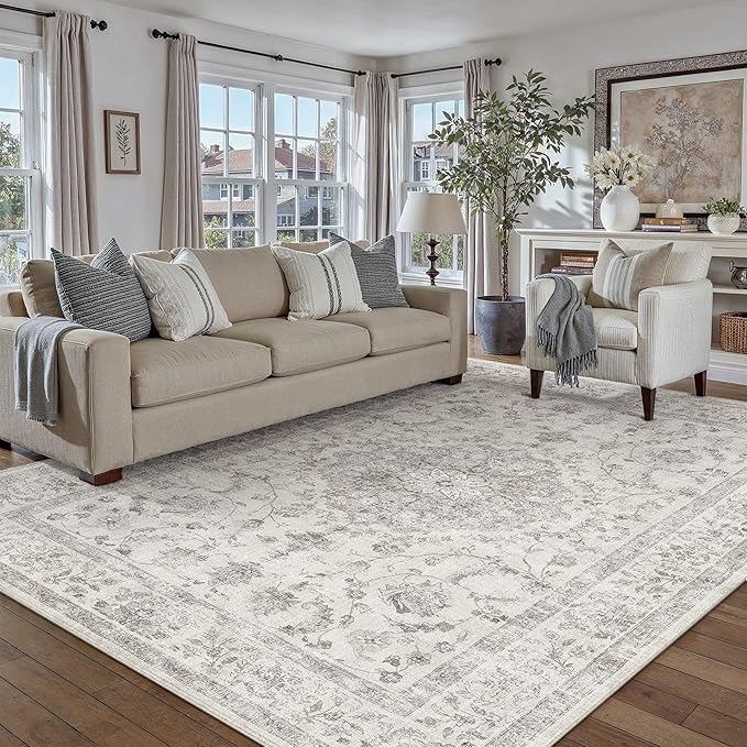 PureCozy 8x10 Area Rug Washable Gray Vintage Oriental Retro | Non Slip, Soft Low Pile, Indoor Carpet for Living Room, Bedroom, Dining Room, Neutral Decor