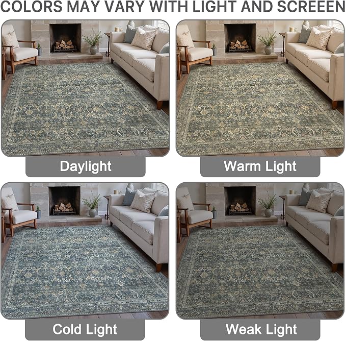 BESBLEE 10X14 Area Rugs Machine Washable Rugs for Living Room, Vintage Boho Large Rugs for Bedroom Dining Room, Non Slip Indoor Soft Distressed Lightweight Thin Low Pile Carpet, Deep