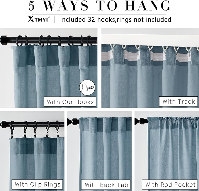 XTMYI Dusty Blue Curtains 96 Inches Long for Living Room,Light Filtering Country Vintage Hooks Pleated Back Tab Semi Sheer Linen Curtains for Bedroom 2 Panels Set,Stone Blue
