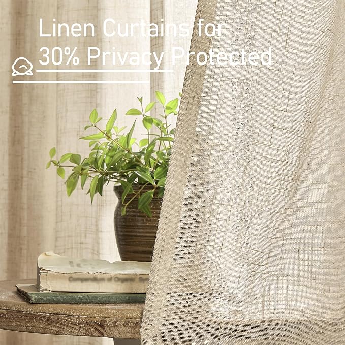 LAMIT Natural Linen Curtains 108 Inch for Living Room, Back Tab and Rod Pocket Textured Sheer Light Filtering for Boho Farmhouse, 2 Panels, 52 x 108 Inch, Brown