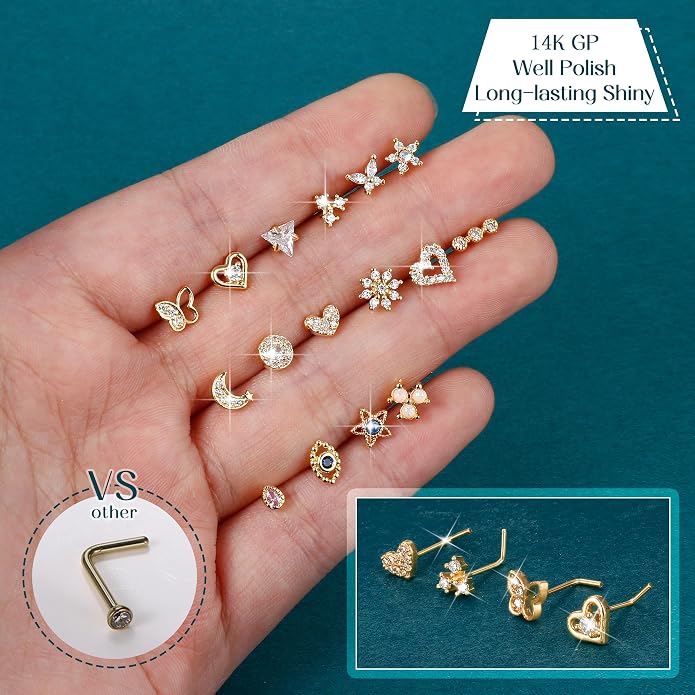 YADOCA 3 Pairs Hypoallergenic Sterling Silver Earrings 16Pcs Surgical Steel Gold Nose Rings Studs For Women