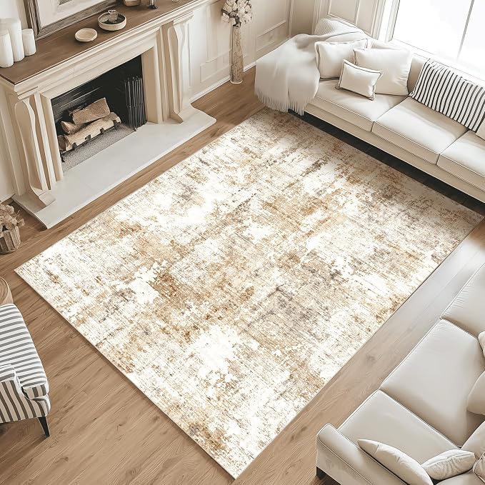 Fmfunctex 8x10 Washable Abstract Area Rug Brown Grey Neutral Modern Large Non Slip Carpet for Living Room Bedroom Soft Low Pile Indoor Mat Accent Throw Rug for Dining Kitchen Office Nursery, Grey Gold