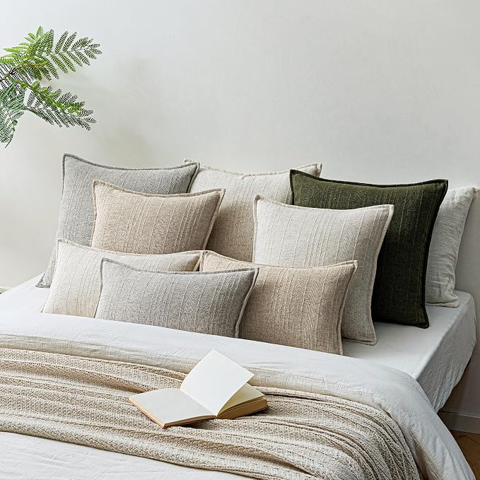 a moment Linen Pillow Covers Set of 2,Boho Farmhouse Throw Pillowcases Neutral Textured Decorative Covers for Couch Sofa Bed,Soft Linen Blend Accent Case Cushion Living Room Home Decor 18"x18"Ivory