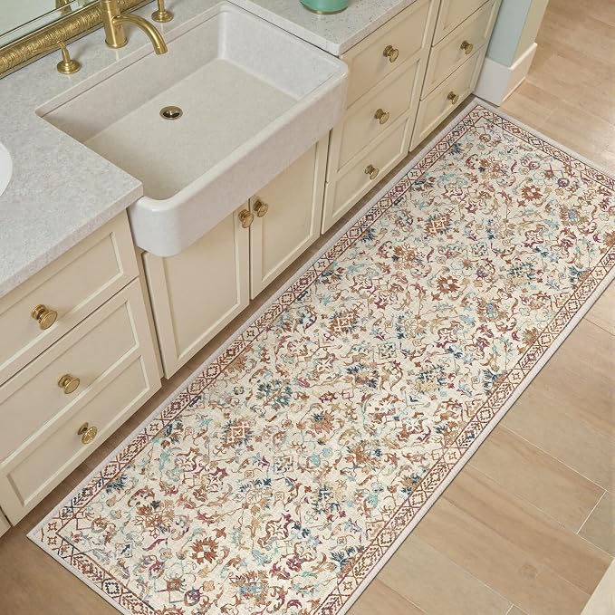 Beige Colorful 2x6 Runner Rug for Hallways Bed Side Kitchen, Boho Washable Low-Pile Floor Entryway Long Bathroom Mat, Non-Slip Laundry Room Washstand Front Carpet Green 24x72 Inch
