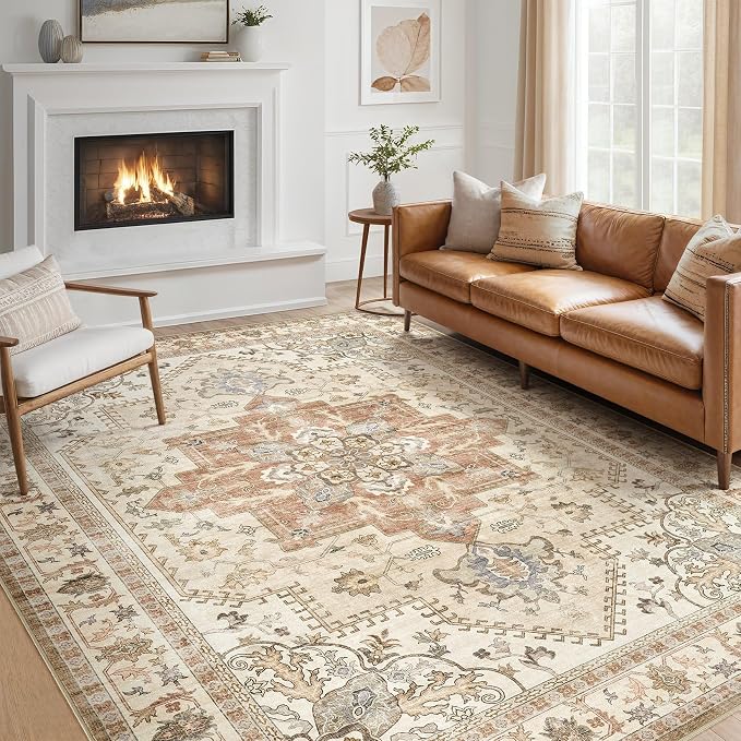 Tortania Area Rug Living Room Rugs - 8x10 Washable Boho Rug Vintage Oriental Distressed Farmhouse Large Thin Indoor Carpet for Living Room Bedroom Under Dining Table Home Office - Rust/Cream