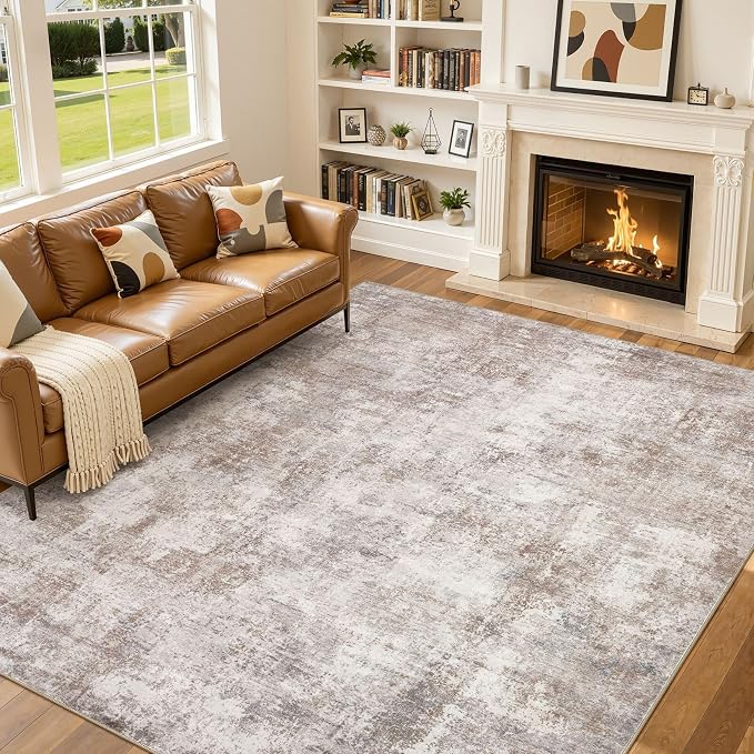 8x10 Area Rugs for Living Room, Washable Non Slip Large Area Rug | Neutral Modern Abstract Carpet, Stain Resistant Soft Low Pile, Made for Dining Room, Bedroom, Nursery, Home Office - Brown