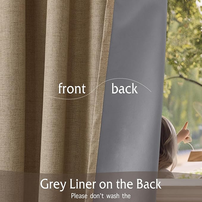 RYB HOME Pinch Pleated Back Tab Curtains Linen Textured 100% Blackout Curtains Thermal Insulated for Bedroom Living Room Bay Window Drapes, W 42 x L 90 inches, Burlap, 2 Panels