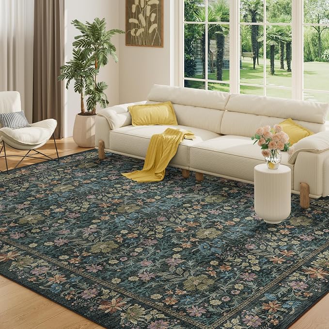 DUKINO 6x9 Area Rug, Vintage Floral Washable Rugs for Living Room, Blue | Non Slip, Low Pile, Non-Shedding, Soft Indoor Large Carpet for Bedroom, Office, Dining Room, Farmhouse, Nursery, Home Decor