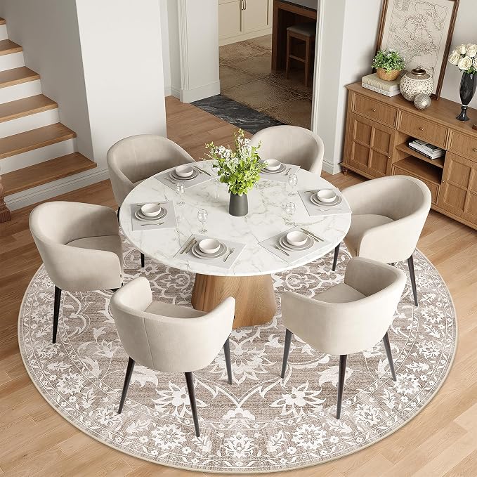 Soalmost Washable Round Rug 9ft for Living Room,Soft Circle Rug Light Brown | Vintage Floral Ultra-Thin Non-Slip 9x9 Round Throw Carpet for Nursery Bedroom Kitchen Dining Room 9'Round