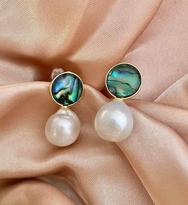 Baroque Pearl Earrings Drop Dangle water droplet shaped Abalone Shell Freshwater Pearl Stud for Women 14K Gold plated Jewelry wedding earrings birthday Gift 11-12mm