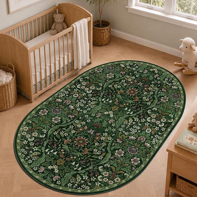 5×7 Oval Rugs Dark Green Washable Floral Rug,Vintage Boho Soft Low-Pile Living Room Rugs, Stain Resistant Botanical Print Non-Slip Carpet for Bedroom,Dining Room, Kids Nursery,Home Decor