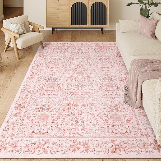 DUKINO 5x7 Area Rugs, Vintage Floral Washable Rug for Living Room, Pink | Non Slip, Low Pile, Soft, Lightweight, Boho Indoor Carpet for Bedroom, Office, Dining Room, Dorm Room, Farmhouse, Home Decor