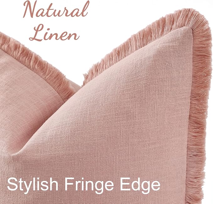 decorUhome Linen Fringe Pink Throw Pillow Covers 24x24 Set of 2 | Euro Sham Decorative Soft Accent Modern Boho Farmhouse Cushion Covers with Tassels Cotton Pillow Covers for Couch Bed Sofa