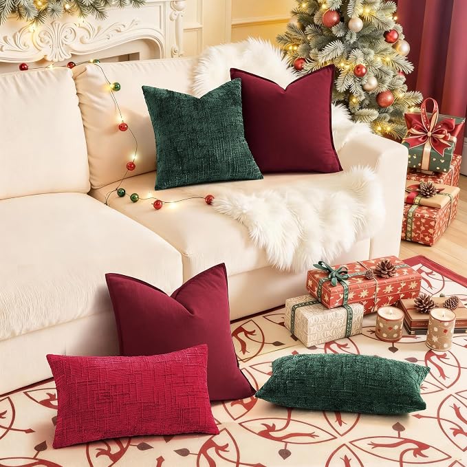 decorUhome Fall Burgundy Linen Throw Pillow Covers 26x26 Set of 2 | Decorative Soft Cozy Modern Farmhouse Boho Accent Pillow Cases with Flange Edges for Couch Bed Sofa Living Room Home Decor