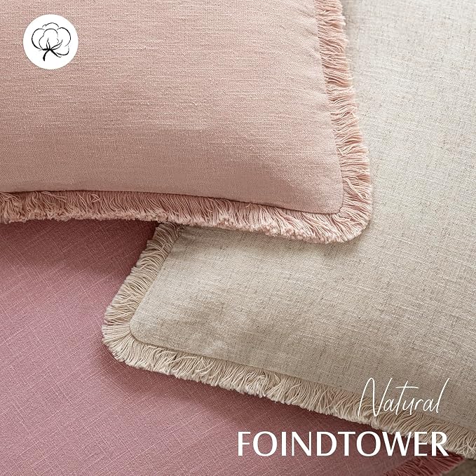 Foindtower Set of 2 Decorative Linen Fringe Throw Pillow Covers Cozy Boho Farmhouse Cushion Cover with Tassels Soft Accent Pillowcase for Couch Sofa Bed Living Room Home Decor,24×24 Inch,Rose Pink