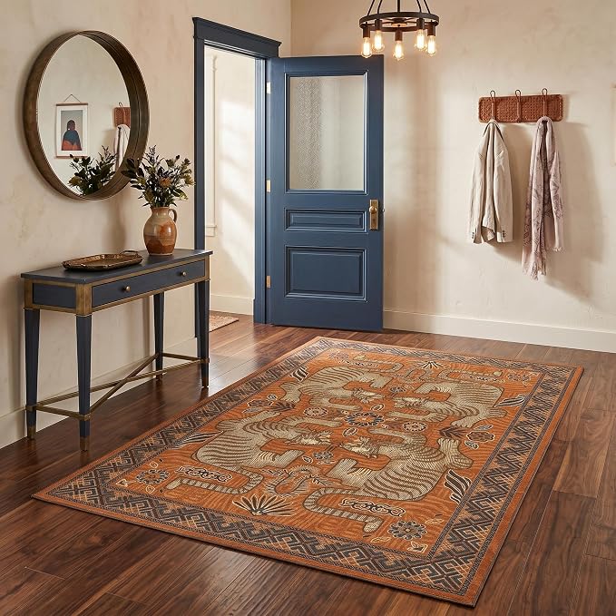 GarveeHome 3x5 Tiger Washable Area Rug for Entryway, Boho Terracotta Bedroom Rug Non Slip Low Pile Vintage Tribal Carpet Stain Resistant Throw Rug for Kitchen Dorm Kids Room Office Dining Room